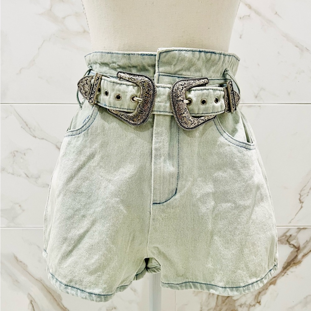 Le Lis Light Blue High Waist Denim Shorts with Belt